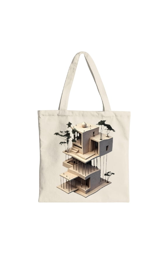Stylish 3D Architectural Model Tote Bag - Minimalist Canvas Bag with Geometric Structures & Nature Design Perfect for Shopping Travel & Parties