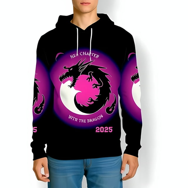 Stylish 3D Black Dragon Hoodie with Pink Yin Design "NEW CHAPTER" 2025