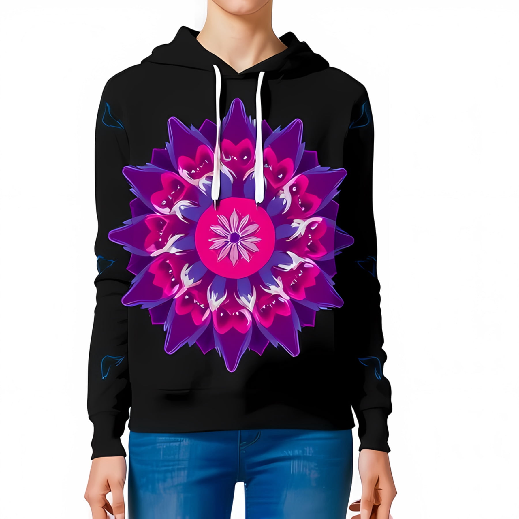 Stylish 3D Black Hoodie with Vibrant Design - Pink Flower & Purple ...