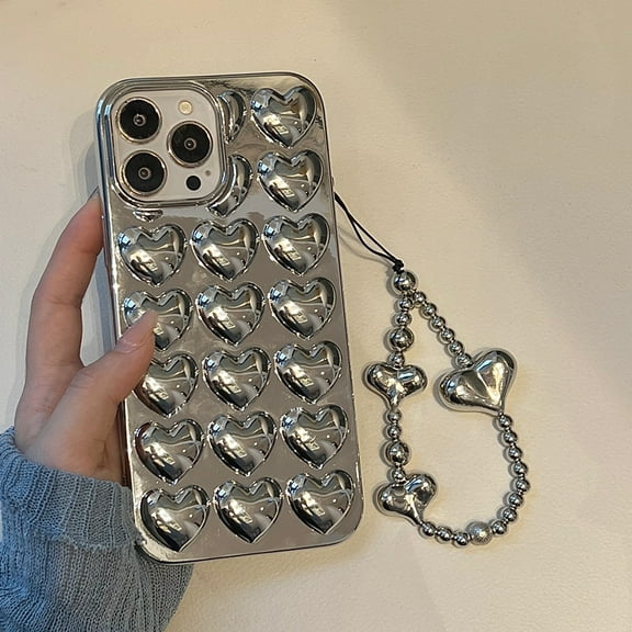 Stylish 3D heart plated silver phone case for iPhone 13 12 11 pro XS Max mini XR 7 8 plus se2020 Korea love bracelet phone cover