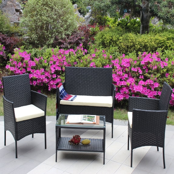 Stylish 4 PC Rattan Patio Furniture Set in Brown with Cushioned Seats for Outdoor Relaxation and Entertaining