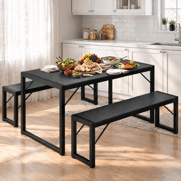Dining Table Set, 3 Piece Kitchen Table Set with 2 Benches for Dining Room, Living Room, Apartment, Small Space, Black
