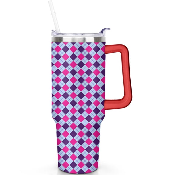 Stylish 40oz Plaid Pattern Tumbler with Handle and Leak Proof Flip Straw Lid, Double Wall Insulated Stainless Steel Mug