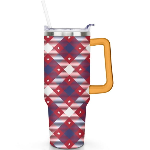 Stylish 40oz Plaid Travel Mug with Handle, Leak Proof Flip Straw Lid, Double Insulated Stainless Steel Coffee Tumbler