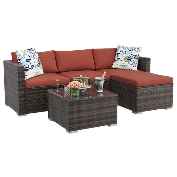 Stylish 5-Piece Outdoor Patio Furniture Set – All-Weather Brown Four-Line Wicker Sectional Sofa with Wine Red Cushions, Glass Table, Blue Floral Pillows – Garden, Backyard, Deck, Poolside