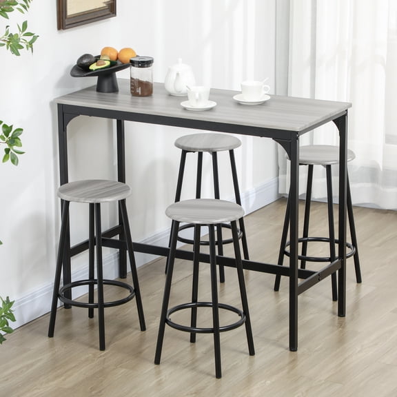 Stylish 5-Piece Pub Table & Stool Set: Durable MDF & Metal, Space-Saving Design, Gray/Black, Perfect for Home Bars, Dining Areas & Apartments.