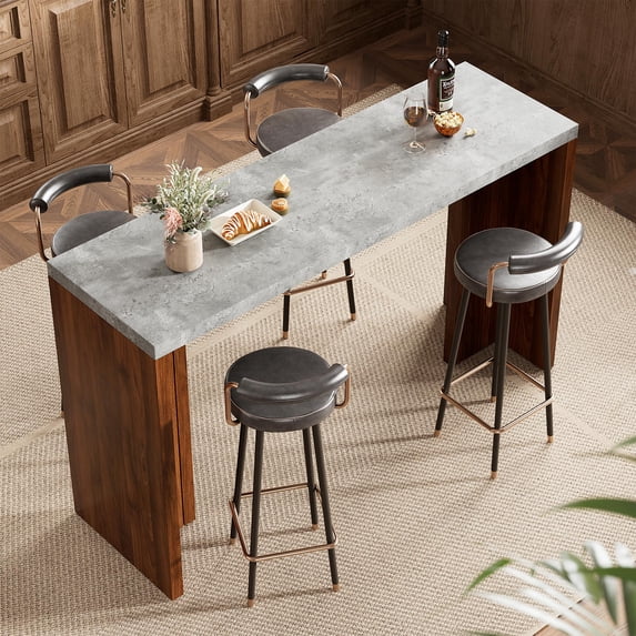 Stylish 55" Counter-Height Dining Table – Faux Marble Surface, T-Leg Design, Seats 4-6, for Kitchen, Dining, Living, Balcony, or Restaurant – Cement Gray & Walnut Finish