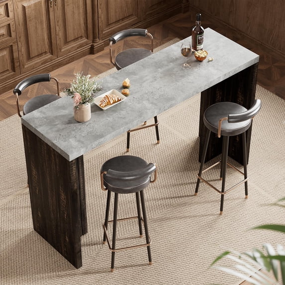 Stylish 55" Counter-Height Dining Table – Faux Marble Surface, T-Leg Design, Seats 4-6, for Kitchen, Dining, Living, Balcony, or Restaurant – Cement Gray & Walnut Finish