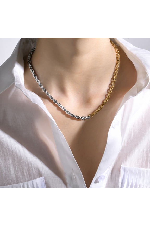 Stylish 5mm Chain Necklaces for Women, Two Tones 14K Yellow Gold Rolo Twisted Rope Link Chain, Minimalist T Toggle Collar