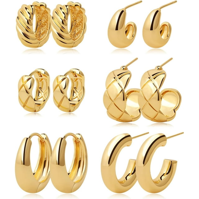 Stylish 6 Pair Gold Hoop Earrings Set 14k Gold Plated Hypoallergenic Jewelry For Everyday 2611