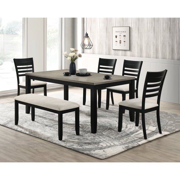 Stylish 6pc Dining Composition - Rectangular Table With Back Chairs, Upholstered Bench In Finish Elegant Tabletop, Fashionable Design Look