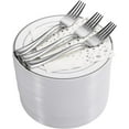 thumbnail image 1 of Stylish 7.5 inch Silver Plastic Dessert Plates, Disposable Forks, 5x5 inch Cocktail Napkins, 100 Set, 1 of 8