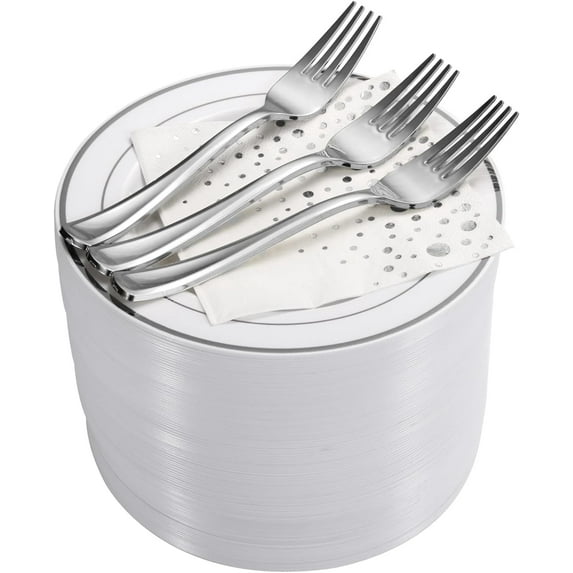 Stylish 7.5 inch Silver Plastic Dessert Plates, Disposable Forks, 5x5 inch Cocktail Napkins, 100 Set