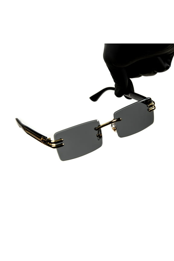 Stylish 90's Old School Square Rimless Gold Frame Stylish Dark Gray Gradient Tinted Shades Men Women Rectangle Cool Frameless Retro Trendy Hip Hop Unisex Sunglasses