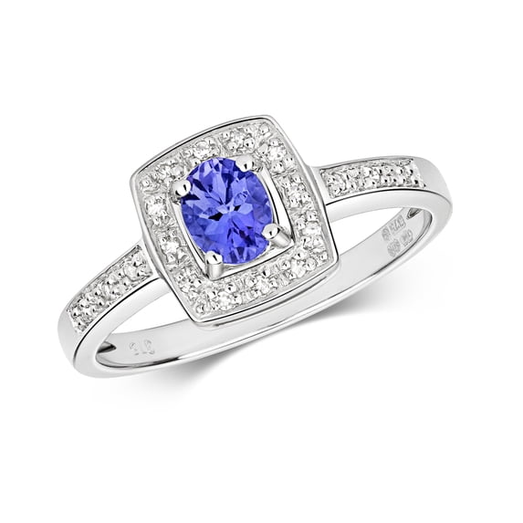 Stylish 9k White Gold Women Diamond Solitaire Ring Brilliant Cut 0.06 Carat H - PK with Tanzanite