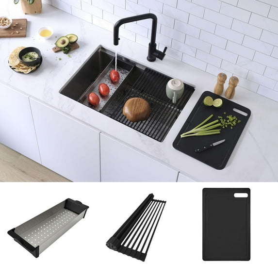 Stylish Stainless Steel Colander (16 ⅞" x 5 ½"), Black Silicone Drying Rack (16 ¾" x 13 ⅛") & Black Cutting Board (16 ⅞" x 11"), A-918KIT
