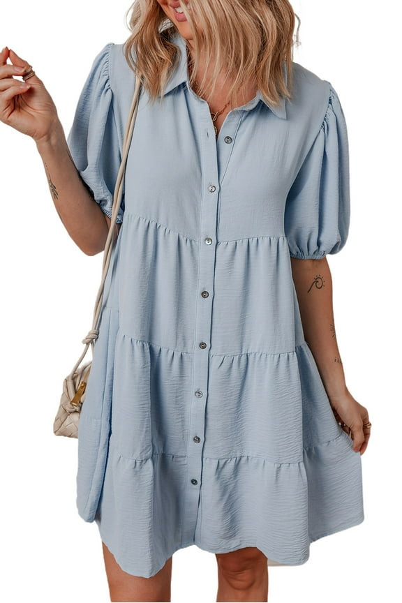 Stylish A-Line Mini Dress for Women - Beau Blue Tiered Shirt Dress with Puff Sleeves | [ZhiHiMeRi] | (US 8-10)M