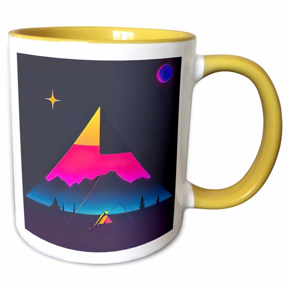 3drose, Stylish Abstract Art of a Colorful Tent, Mountain, Moon, Star Gift, 15oz Two-tone Yellow Mug