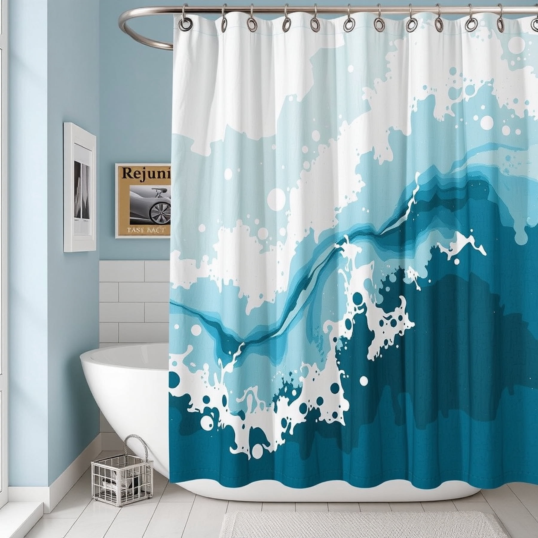 Stylish Abstract Blue and White Wave Shower Curtain for Modern