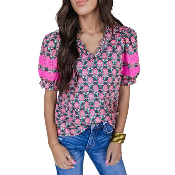 Stylish Abstract Floral Print Blouse for Summer - Comfortable and Flattering Fit | [ZhiHiMeRi] | (US 4-6)S