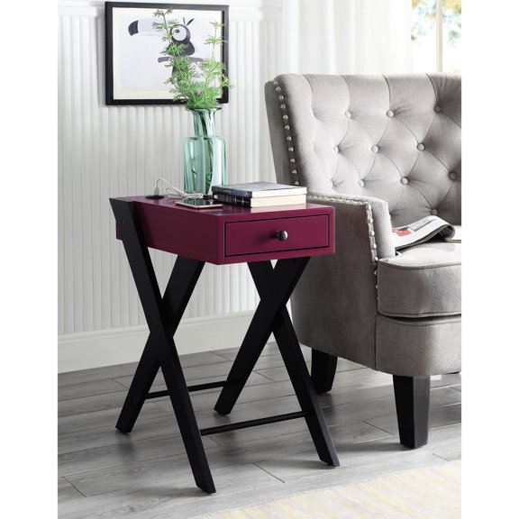 Stylish Accent Table With Charging Port, Deep Burgundy Tabletop, Black "x" Legs Look, 12.68 In. Width, 19.5 Lb, 24.1 Tall 21.51 Depth, Wide