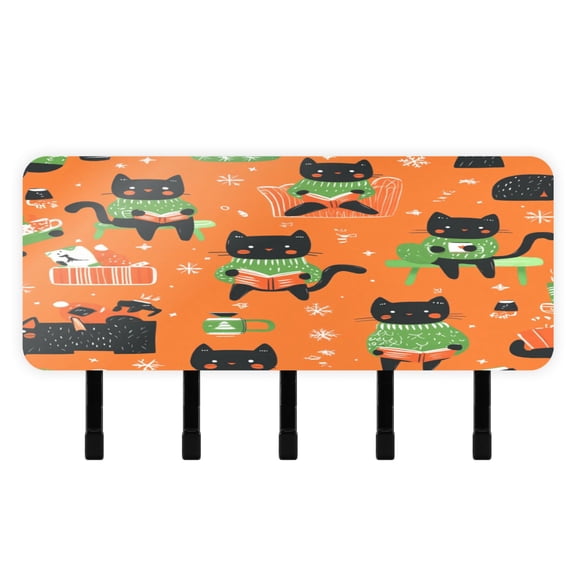 Stylish Acrylic Key Holder Wall Mount small shelf with hooks Decorative & Functional for Home Organization Cartoon Black Cats Pattern
