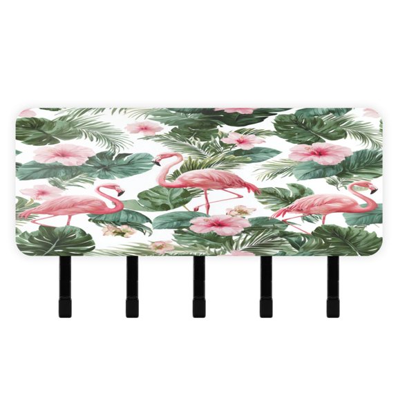 Stylish Acrylic Key Holder Wall Mount small shelf with hooks Decorative & Functional for Home Organization Flamingo and Tropical Leaves