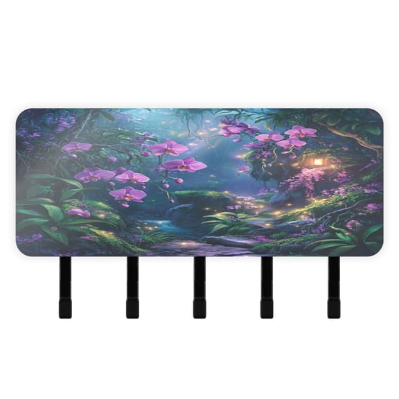 Stylish Acrylic Key Holder Wall Mount small shelf with hooks Decorative & Functional for Home Organization Orchid Forest Scene