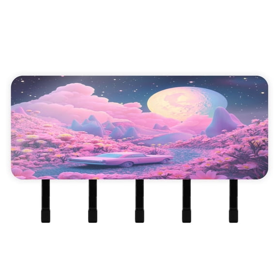 Stylish Acrylic Key Holder Wall Mount small shelf with hooks Decorative & Functional for Home Organization Pink Planet with Clouds