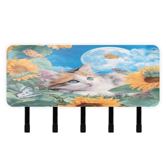 Stylish Acrylic Key Holder Wall Mount small shelf with hooks Decorative & Functional for Home Organization Playful Cat Lying Sunflowers