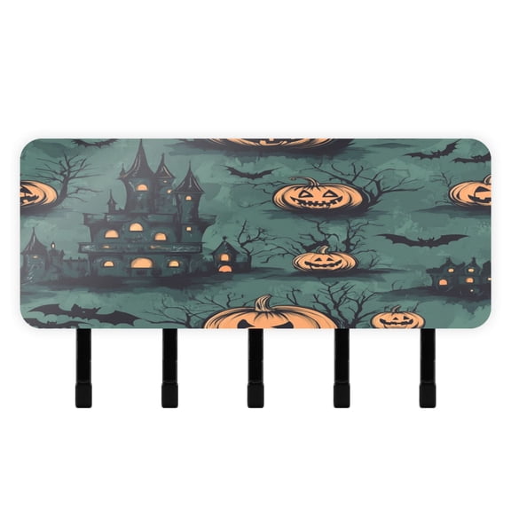 Stylish Acrylic Key Holder Wall Mount small shelf with hooks Decorative & Functional for Home Organization Pumpkins and Ghostly Castles