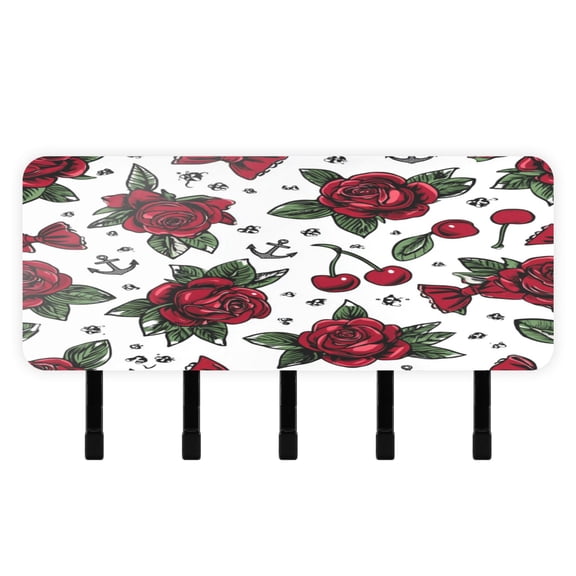 Stylish Acrylic Key Holder Wall Mount small shelf with hooks Decorative & Functional for Home Organization Red Roses and Cherries