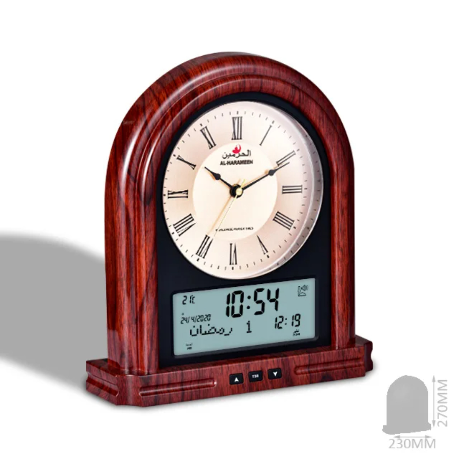 Stylish Adhan Traditional Wooden Clock with Accurate Qibla Compass and Intuitive Prayer Alarm