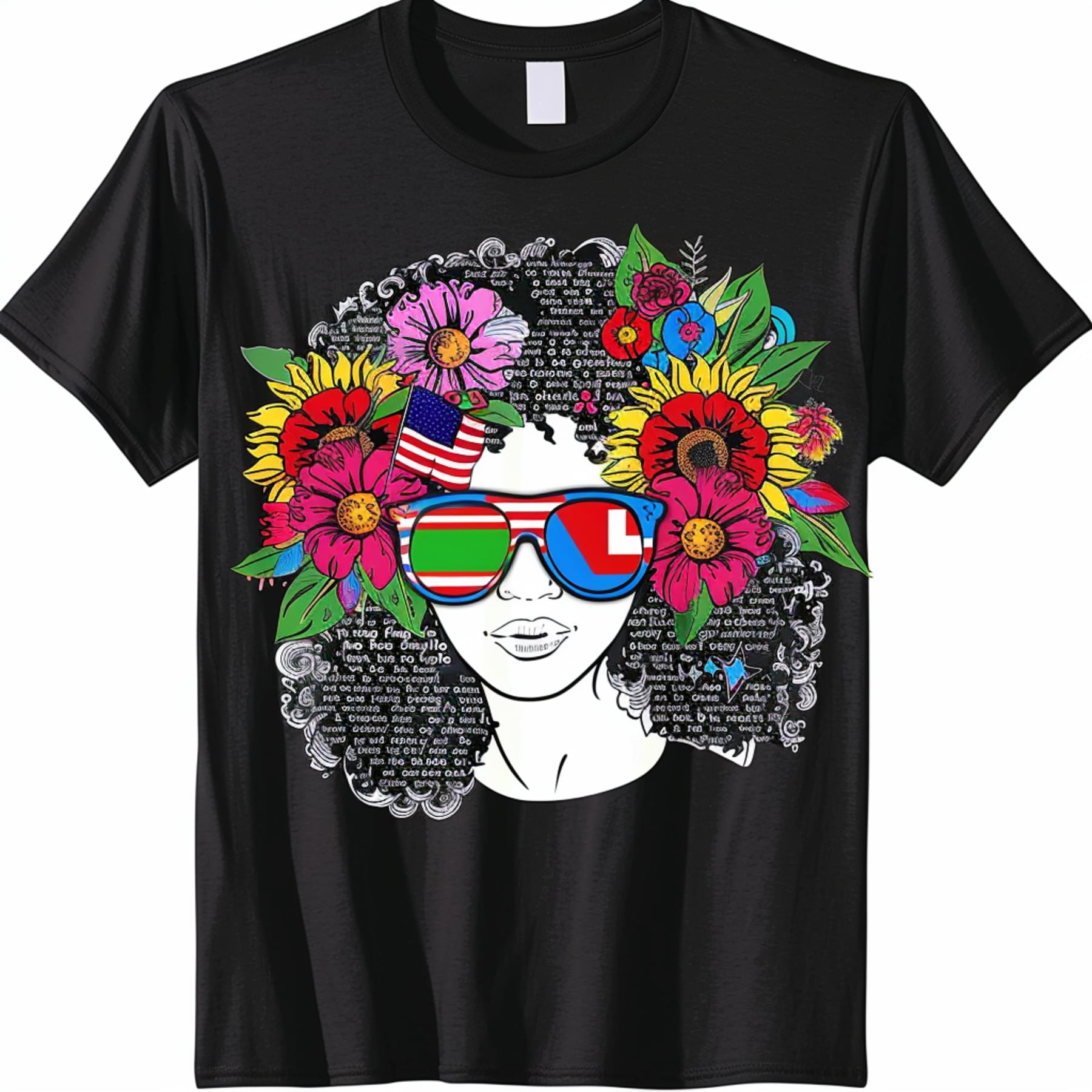 Stylish Afro Girl Graphic TShirt with Sunflowers Flags and Sunglasses ...