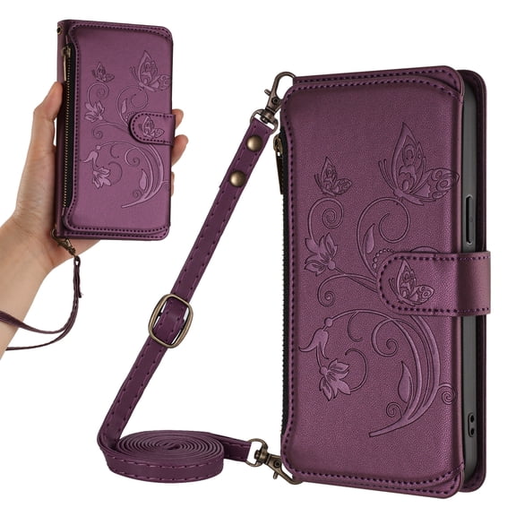 Stylish All-in-One Zipper Wallet Case for iPhone 14 Pro with Crossbody Strap & Wrist Strap, Card Holders Cash Pocket Kickstand Embossed Floral Premium PU Leather with Magnetic Clasp, Darkpurple