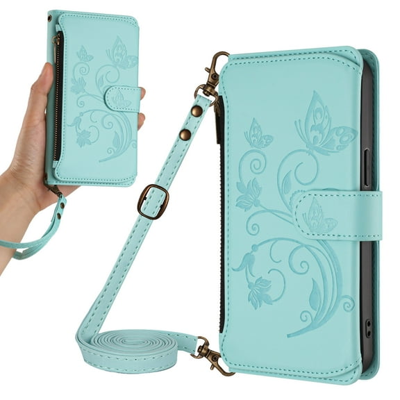 Stylish All-in-One Zipper Wallet Case for iPhone 15 Plus with Crossbody Strap & Wrist Strap, Card Holders Cash Pocket Kickstand Embossed Floral Premium PU Leather with Magnetic Clasp, Green