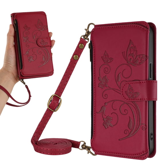 Stylish All-in-One Zipper Wallet Case for iPhone 16 Pro Max with Crossbody Strap & Wrist Strap, Card Holders Cash Pocket Kickstand Embossed Floral Premium PU Leather with Magnetic Clasp, Red