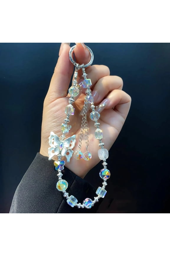 Stylish Alloy Butterfly Crystal Bead Keychain Detachable Glitter Key Pendant Colorful Phone Strap Women Girls