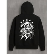 Stylish And Minimalist Hoodie For Autumn/Winter Black Hoodie With White Skull And Rose Graphic Cotton-Polyester Blend Polyester 60%, Cotton 40%