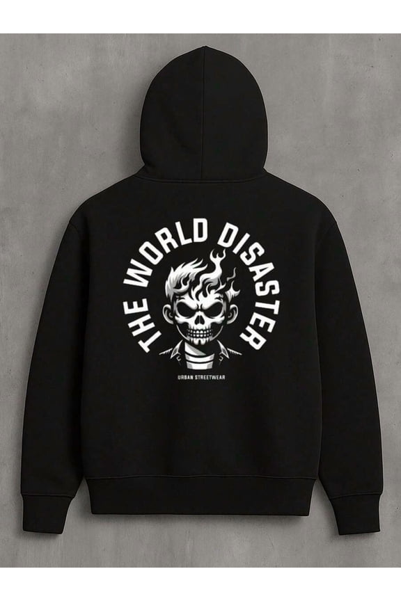 Stylish And Minimalist Hoodie For Autumn/Winter Urban Streetwear The World Disaster Graphic Hoodie Cotton-Polyester Blend (Polyester 60%, Cotton 40%)