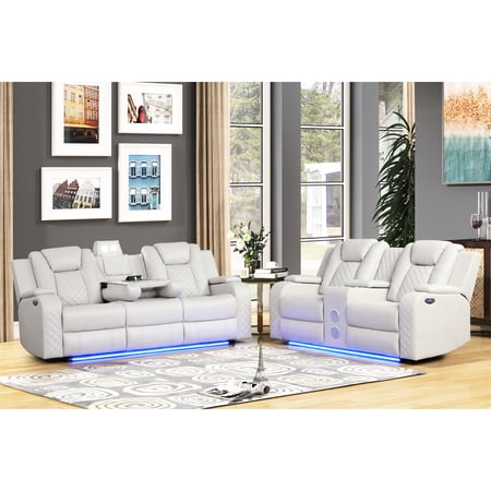 Stylish And With Reclining Function, Faux Leather, Port, Wireless Charging, Console, Ambient Luxury Living Room , Lighting, Cup Holders