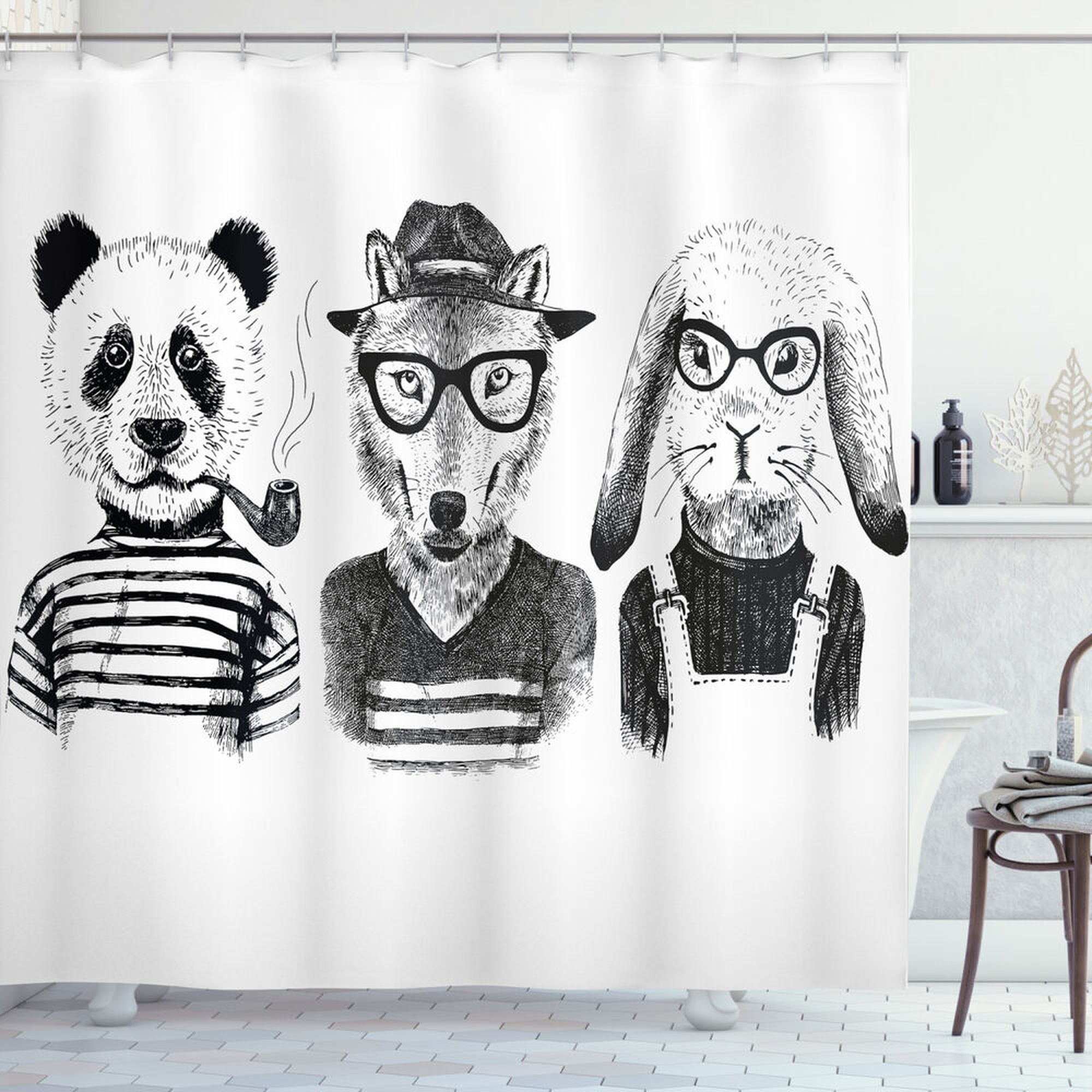 Stylish Animal Kingdom Shower Curtain Chic Panda and Fox Design for