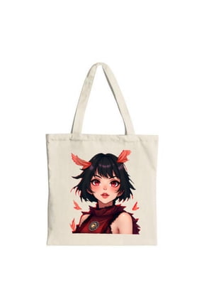 Stylish Anime Character Tote Bag - Short Black Hair Red Eyes & Horns Dark Red Outfit Perfect for Shopping Travel & Parties
