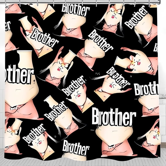 Stylish Anime Inspired Shower Curtain with Repeating Faces & Flowing Hair on Black Background - Bold 'Brother' Design