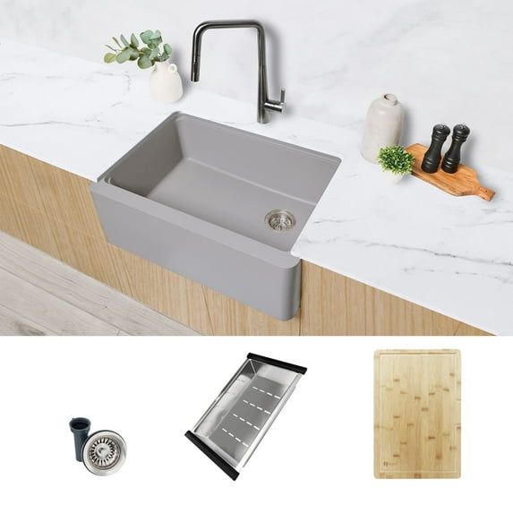 Stylish Apron From 30" Gray Composite Granite Single-Bowl Kitchen Sink with 3 Accessories S-830WL