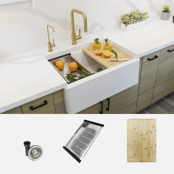 Stylish Apron From 30" White Composite Granite Single-Bowl Kitchen Sink with 3 Accessories S-830WH