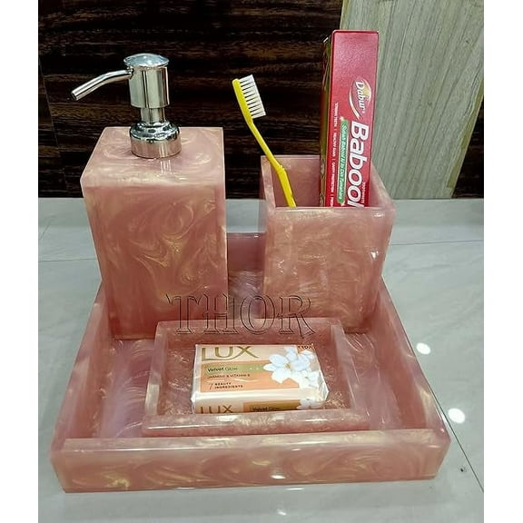 Stylish Baby Pink Bathroom Set for Luxury Bathrooms/Soap Dispenser/Tooth Brush Holder/and Soap Dish and Towel Tray/Set of 4 Rustic Vintage Home Decor Gifts