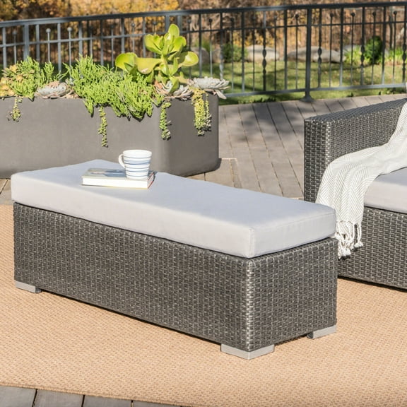 Stylish Backyard Bench - Grey + Silver, Resin And Iron, Create A Cozy Atmosphere Patio Sitting 17.06 In Wide Seat