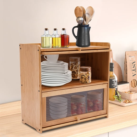 Stylish Bamboo Storage Cabinet, 2-Tier Sliding Glass Doors, Kitchen Pantry Sideboard, Adjustable Laminate, Durable 99.21 lbs Weight Capacity
