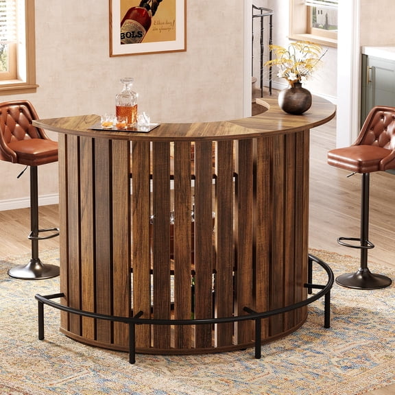 4-Tier Bar Table, 39.4" H Home Bar Unit with Footrest, Arc-Shaped Mini Bar Table, Modern Wine Bar Cabinet for Home Pub, Living Room, Rustic Brown